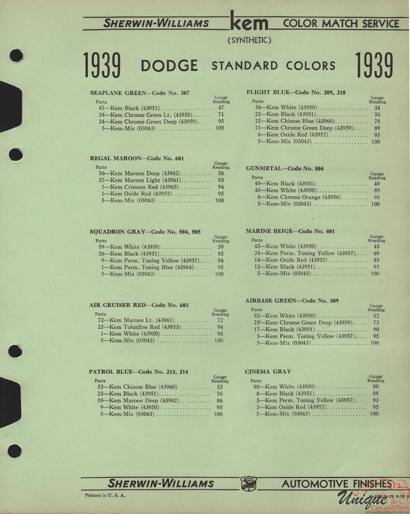 1939 Dodge Paint Charts Williams 3